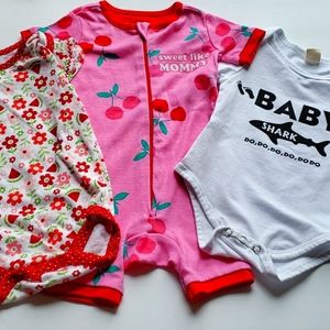 Three Baby Girl Onesies Floral, Baby Shark, Cherries Size 3-6 Months